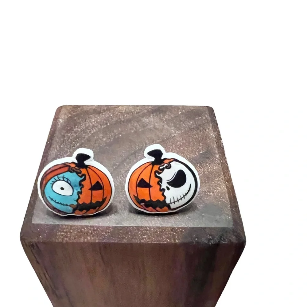 Jack and Sally, jack-o’-lantern, pumpkin stud earrings. New - Picture 2 of 11